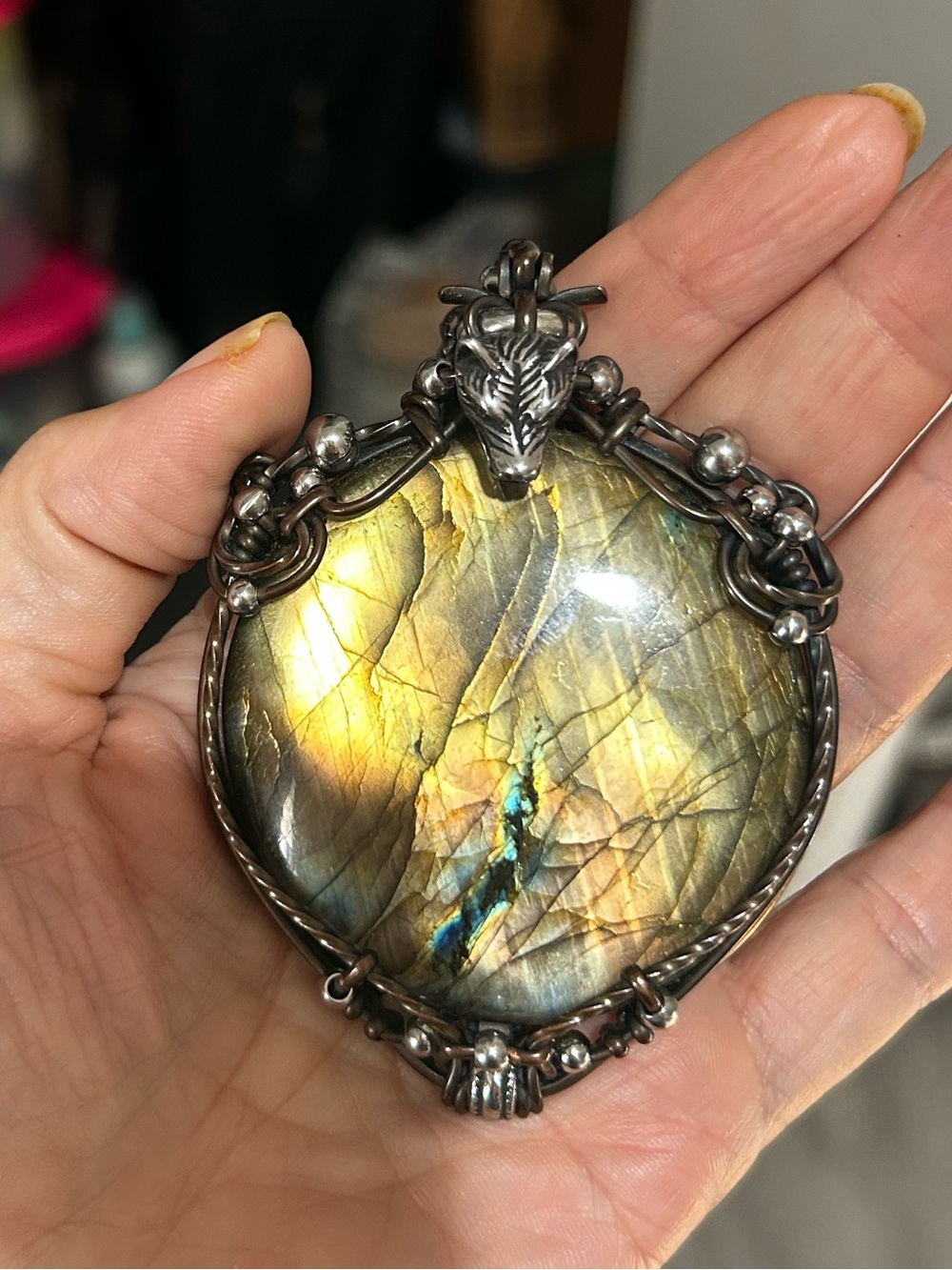Labradorite Pendant Necklace Yellow, Green, Blue Flash LONE WOLF
